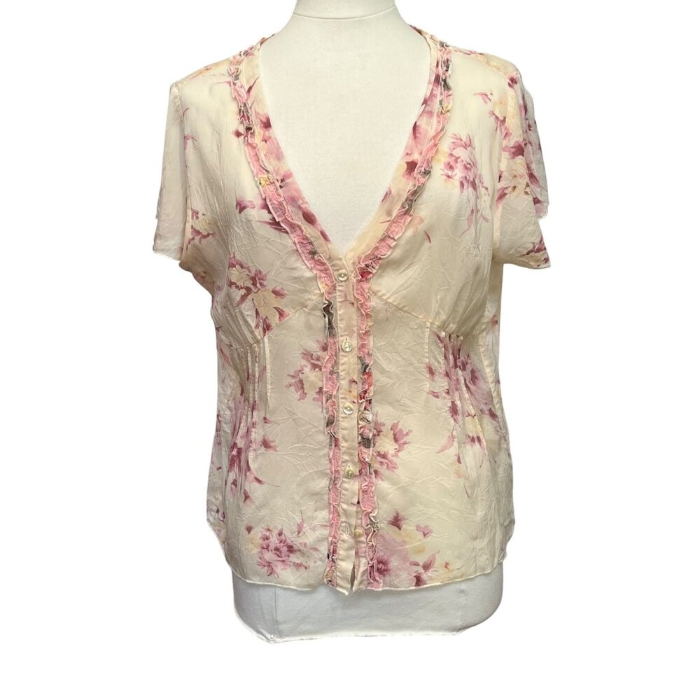J. Jill‎ Fairy Floral Ruffle Button Up Babydoll Short Sleeve Blouse Petite L